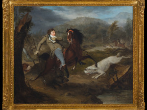 Reproduktion eines gerahmten Gemäldes mit Reiter, Pferd und Hund